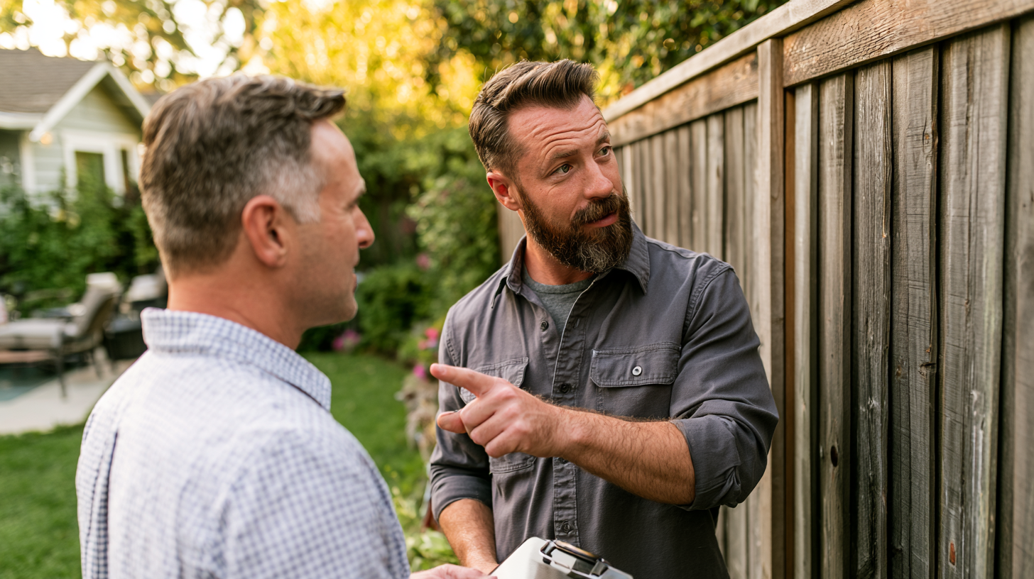 Contractor pointing to a fence while talking with a homeowner
